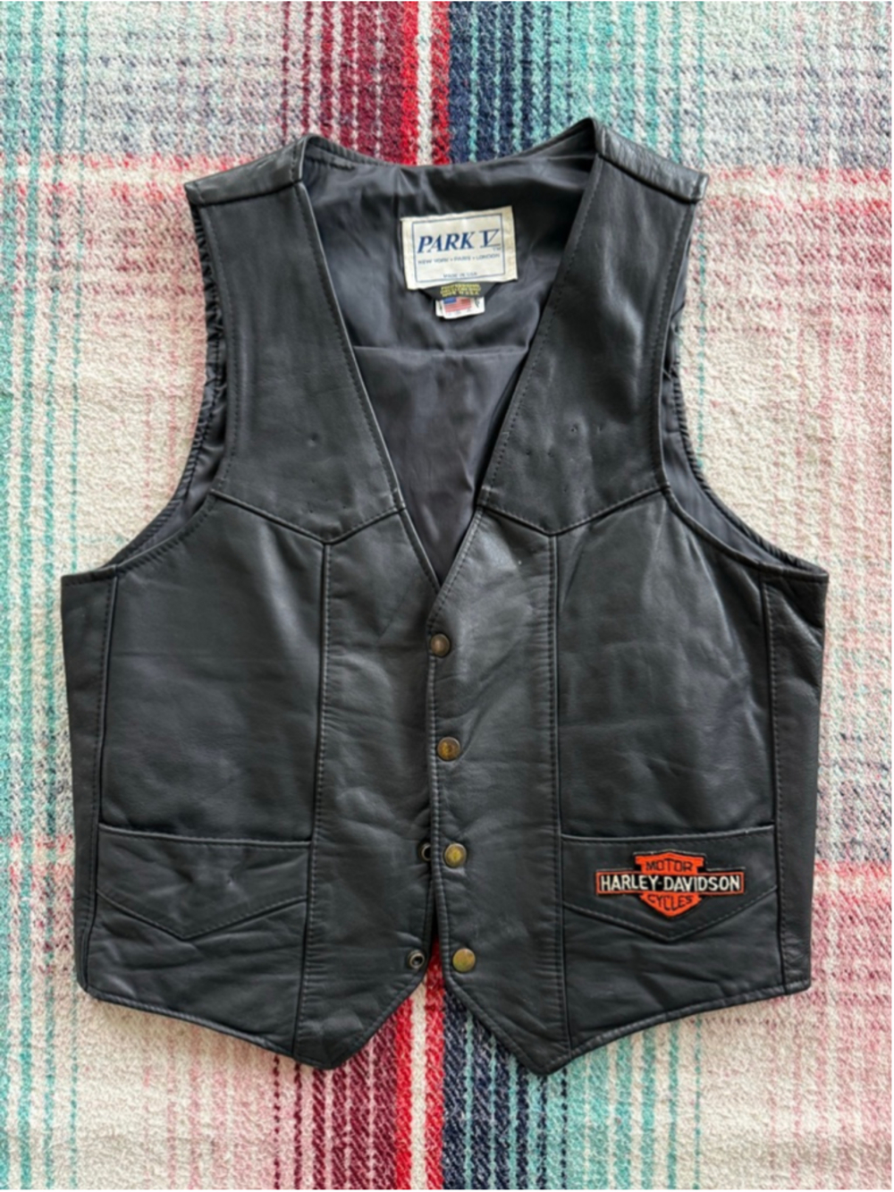 Vintage PARK V Black Leather Biker Vest with Harley-Davidson Patches M